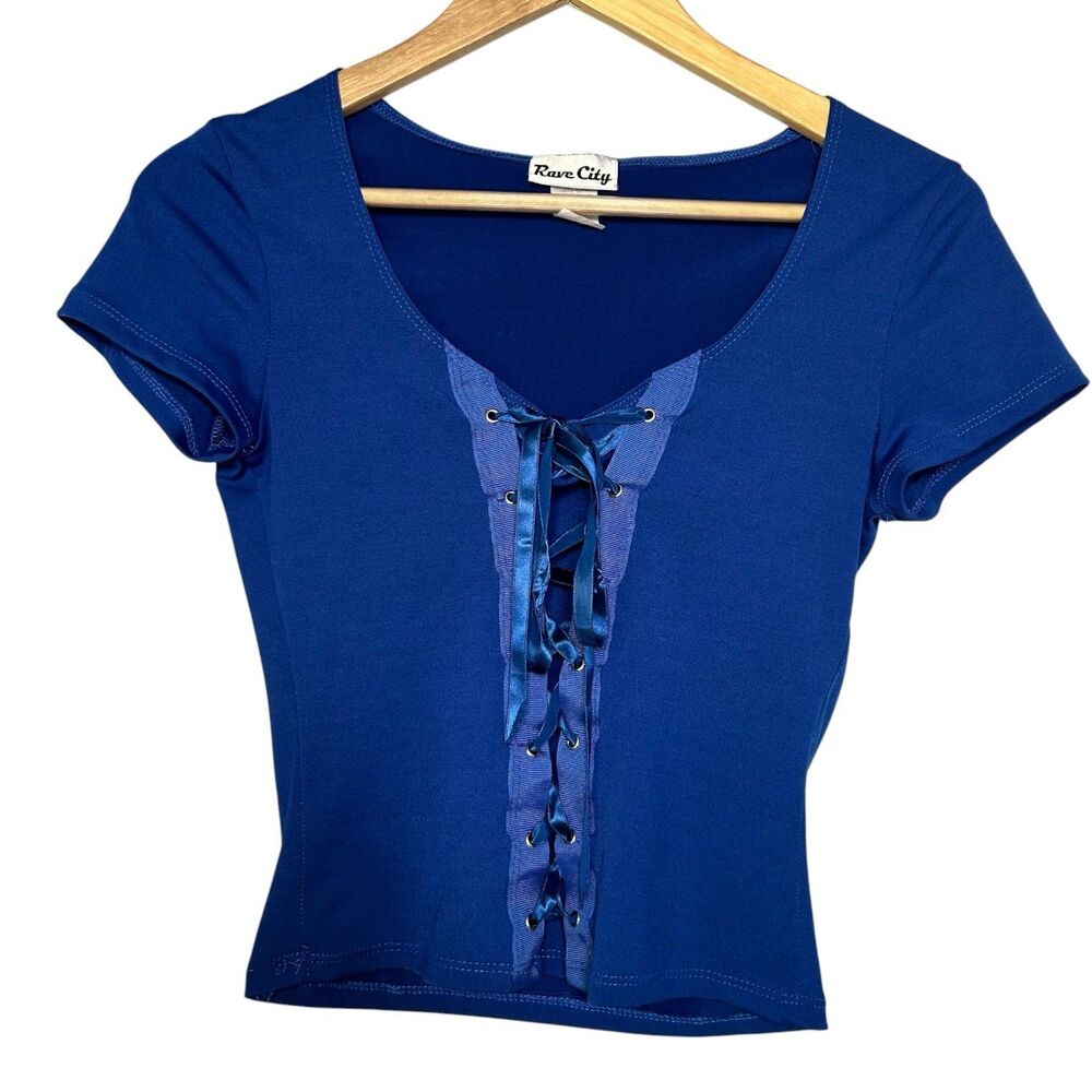 Y2K Rave City Blue Lace Up Corset Style Baby Tee Fitted Stretch Top Sz S